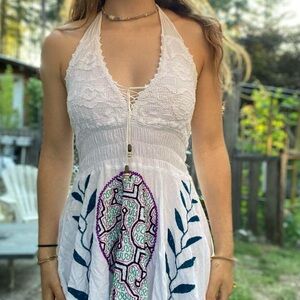 White Halter Dress with Embroidered Design